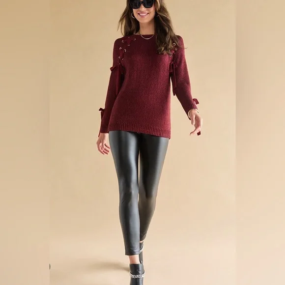 Francesca's Galilea Lace Up Pullover Sweater - NWT - Burgundy - Picture 2 of 4